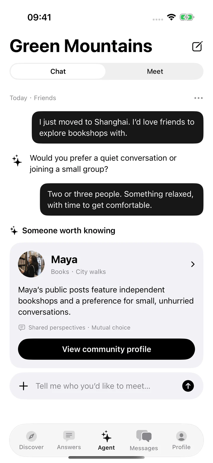 Native Green Mountains Agent: Friends conversation and Maya suggestion