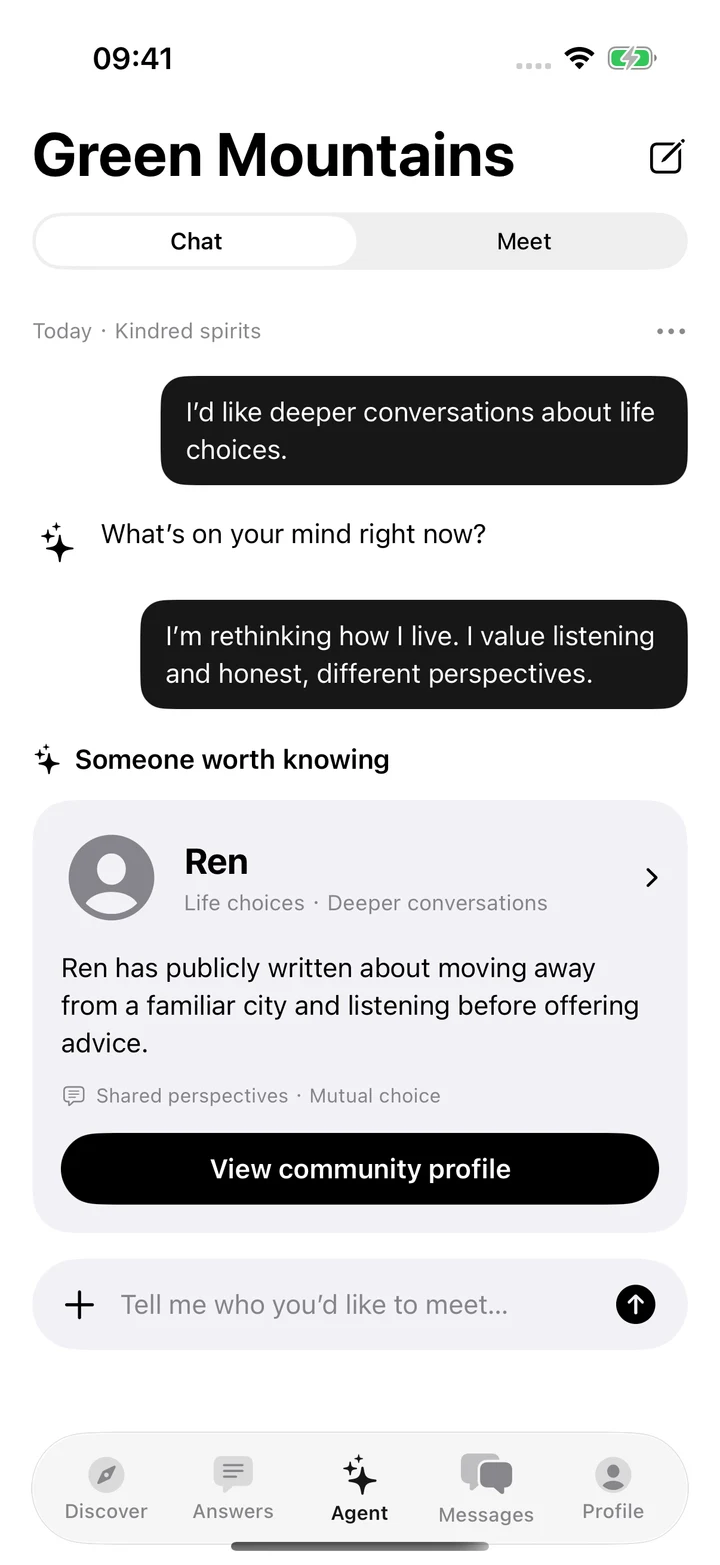 Native Green Mountains Agent: Kindred spirits conversation and Ren suggestion