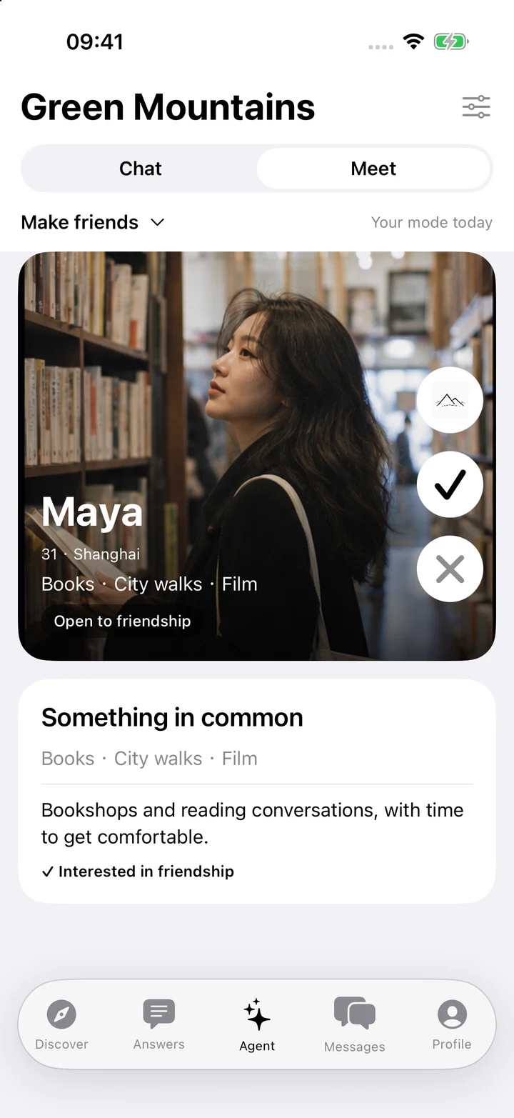 Meet card with community profile, interest and skip actions