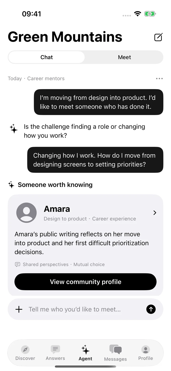 Native Green Mountains Agent: Career mentors conversation and Amara suggestion