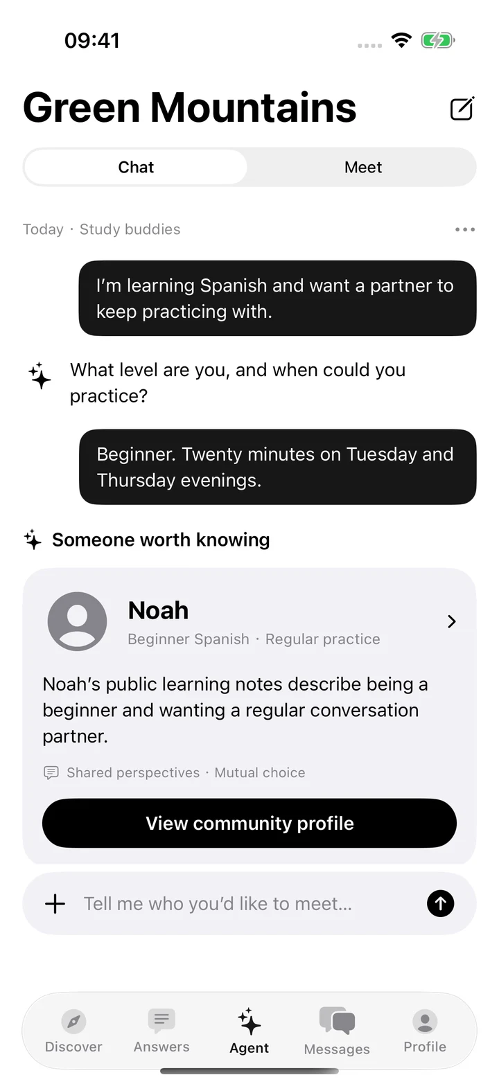 Native Green Mountains Agent: Study buddies conversation and Noah suggestion